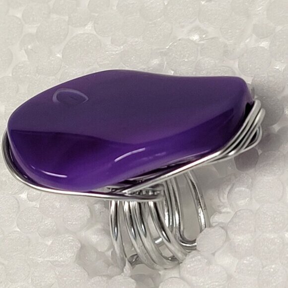 Purple Agate Oval Ring Adjustable Band Handmade Semi Precious Ring - Picture 3 of 10